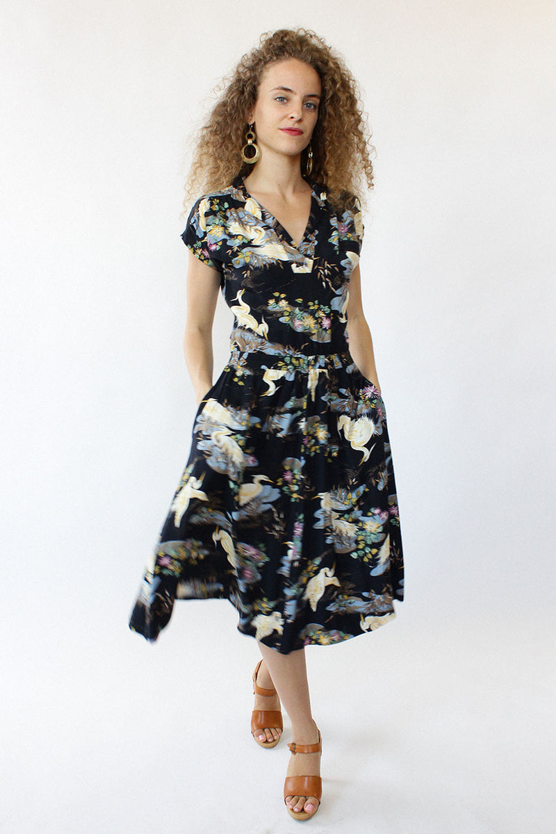 Enchanted Crane Print 70s Dress XS/S