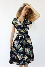 Enchanted Crane Print 70s Dress XS/S