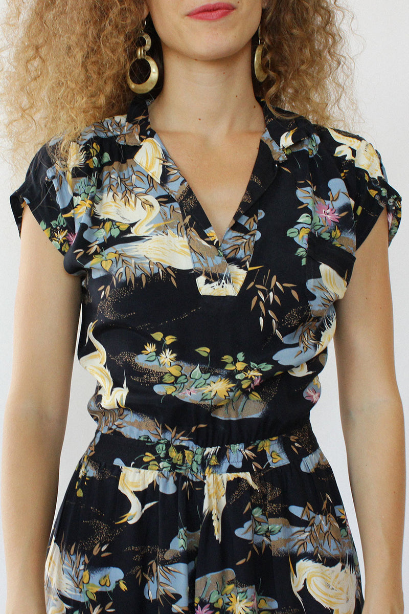 Enchanted Crane Print 70s Dress XS/S