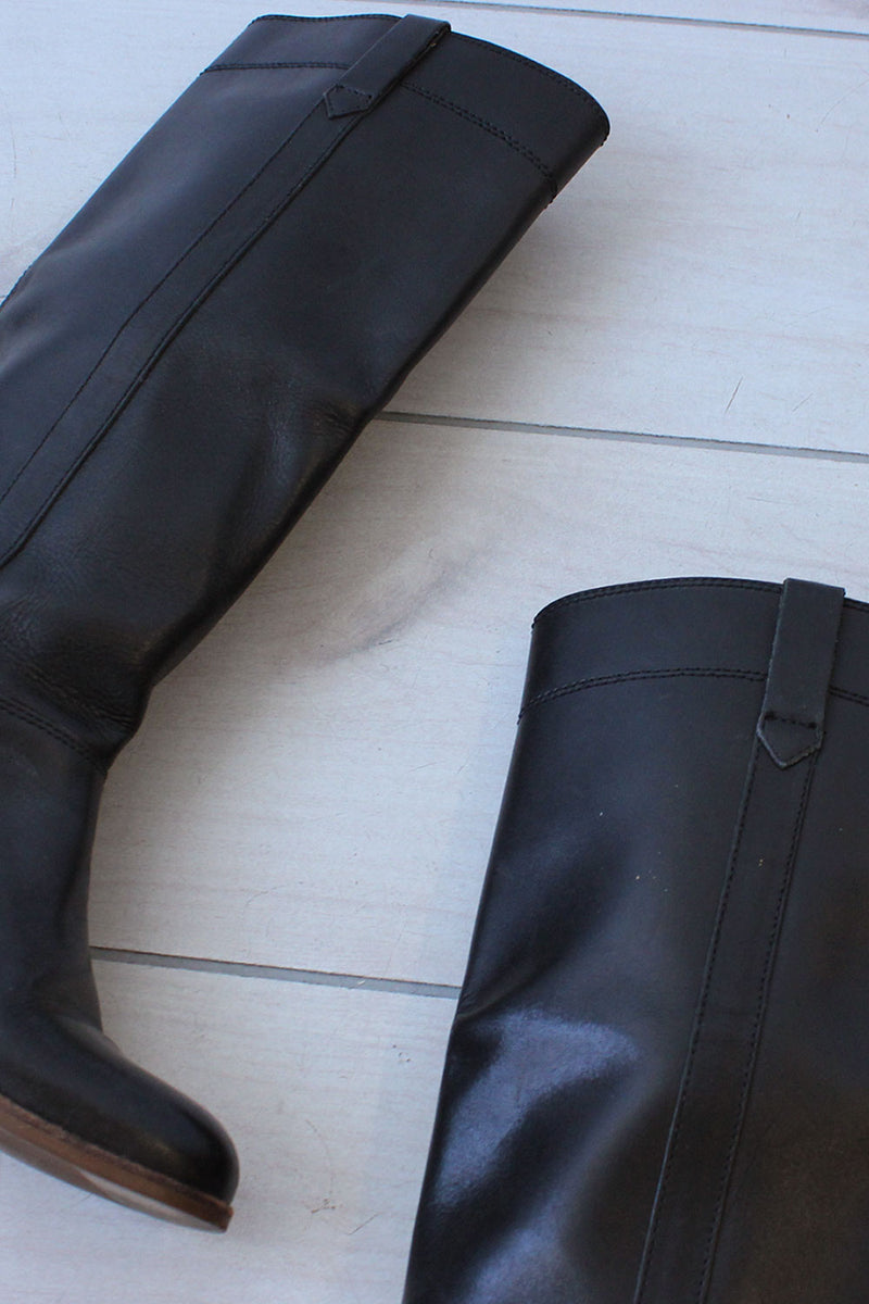 1970s Jet Leather Knee High Boots 6-6.5