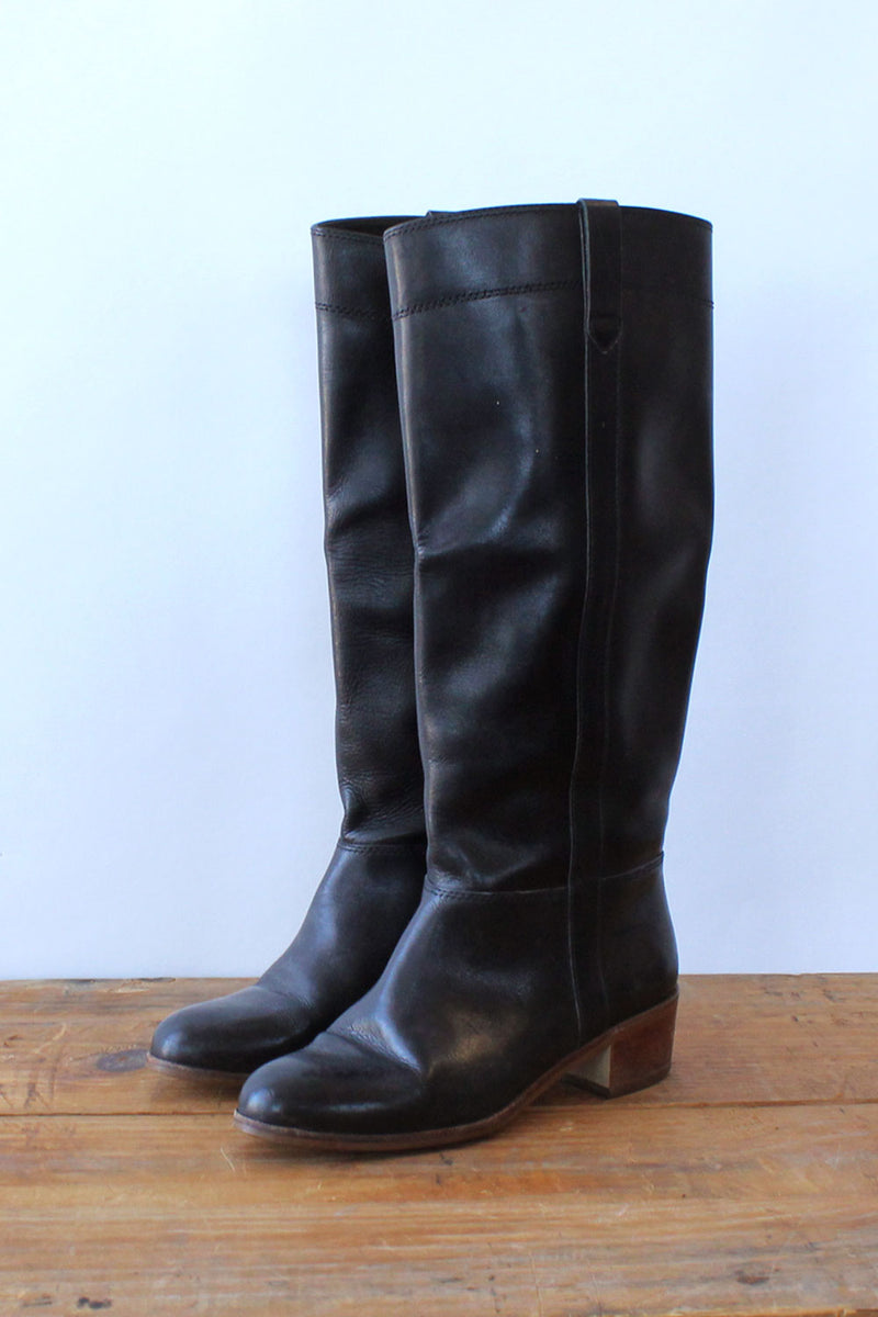 1970s Jet Leather Knee High Boots 6-6.5