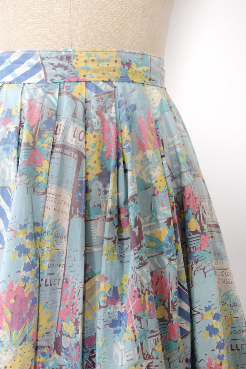 French Cafe Scene Full Cotton Skirt M