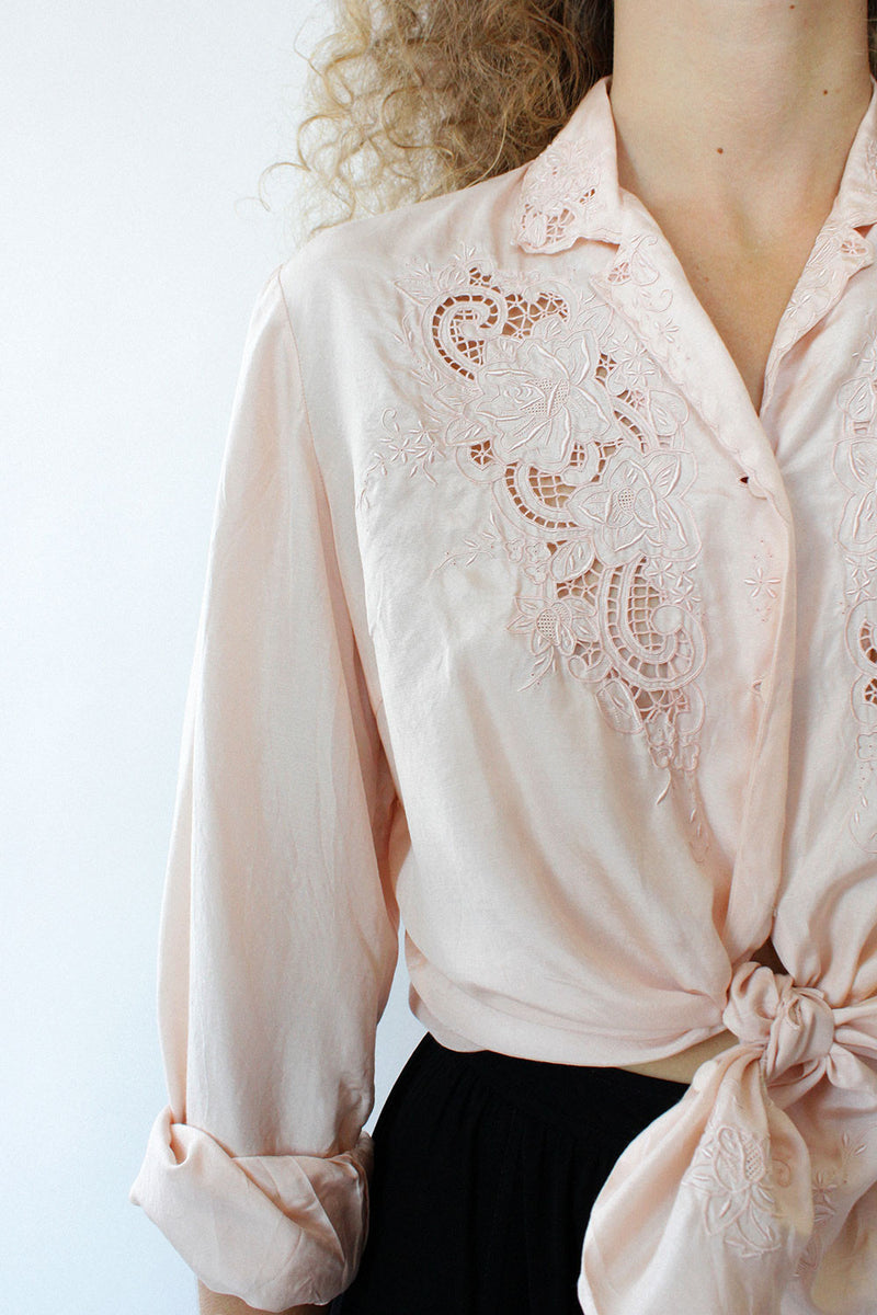 Pale Pink Embroidered Silk Blouse M