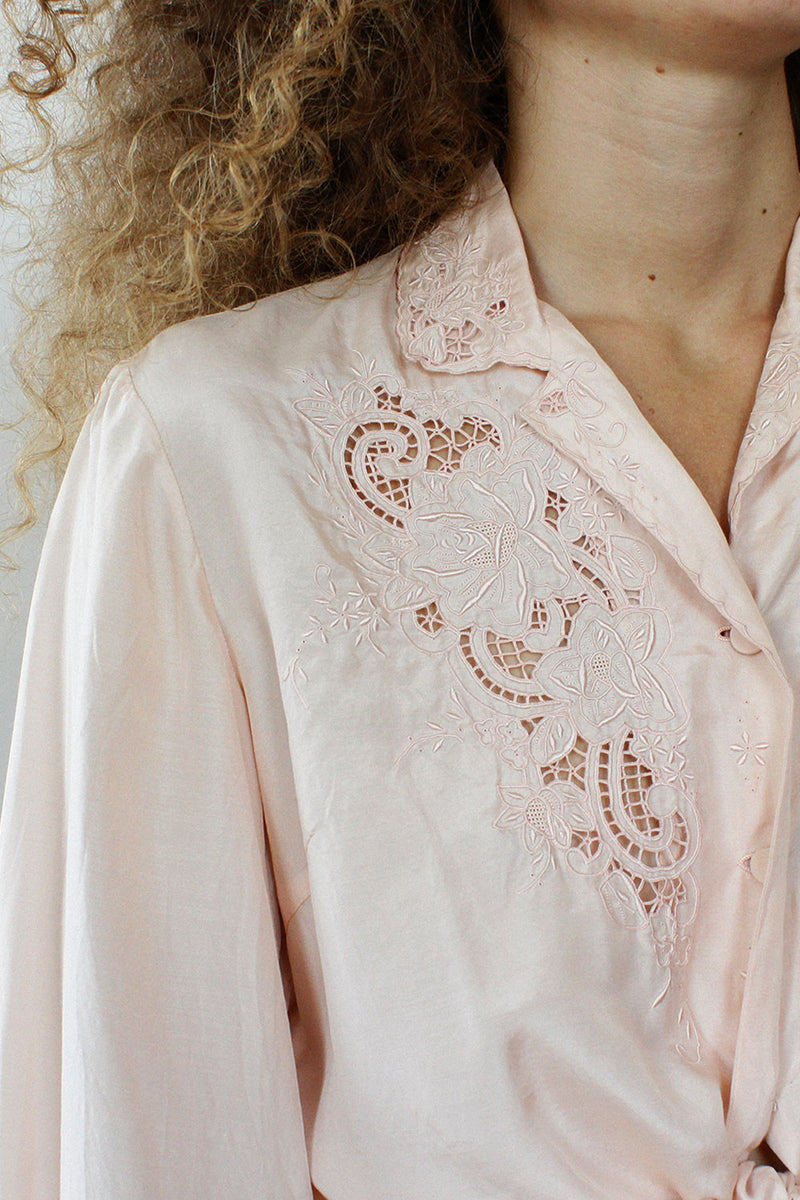 Pale Pink Embroidered Silk Blouse M