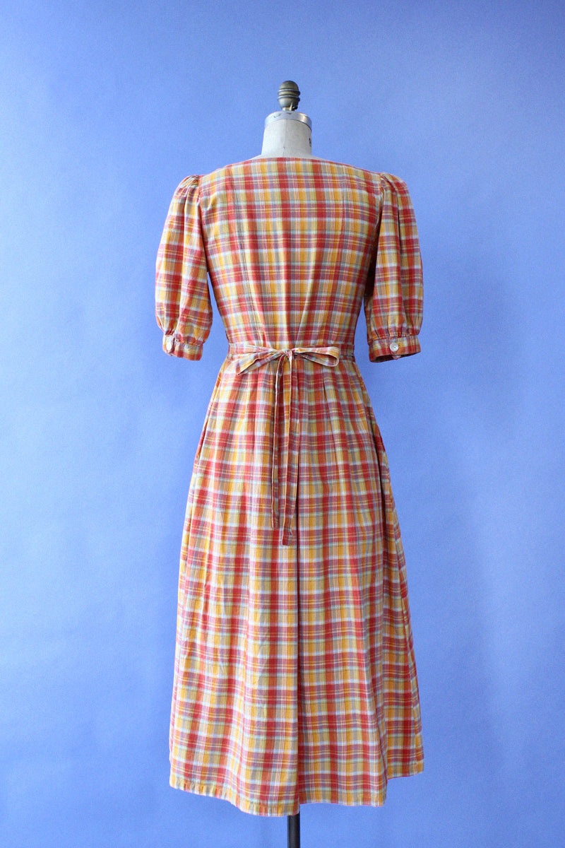 Sunset Plaid Puff Sleeve Dress M
