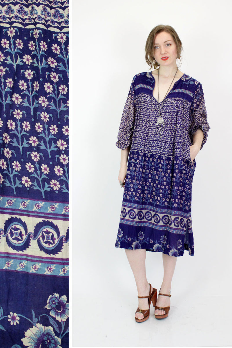 Inky Blue Floral Indian Cotton Dress