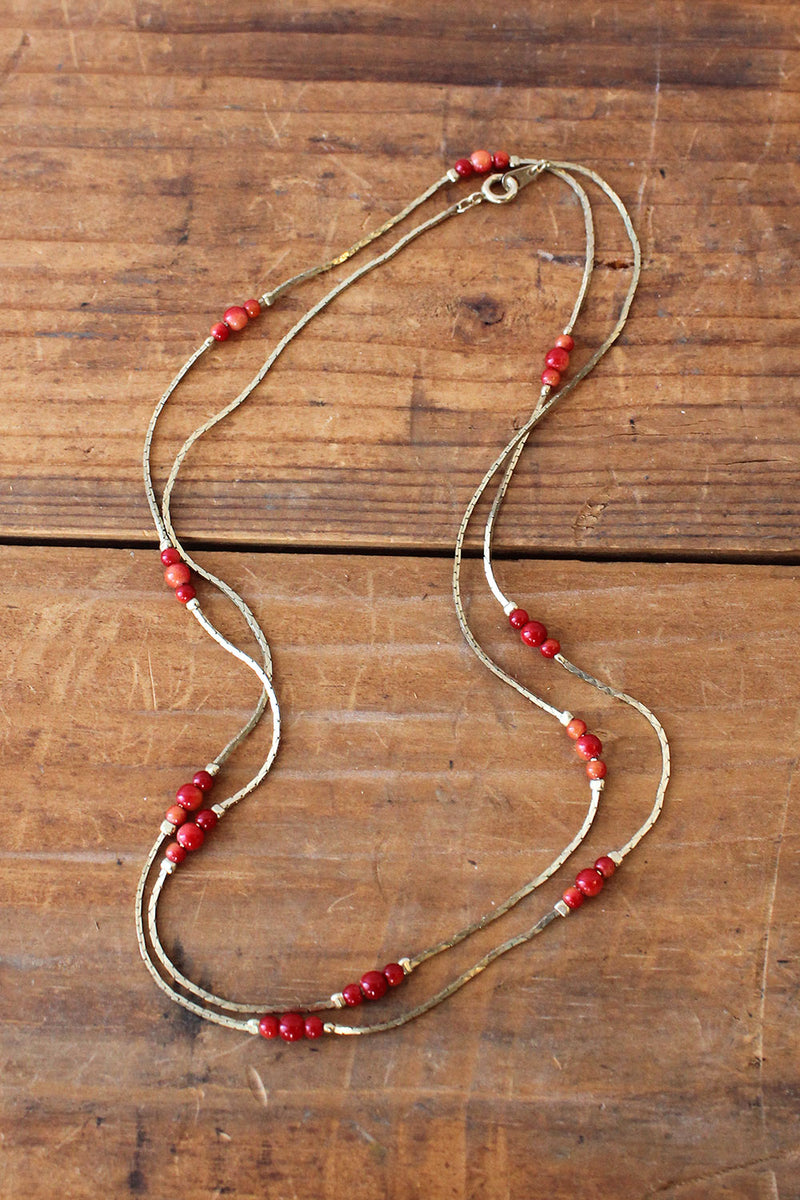 Delicate Red Bead Golden Chain Necklace