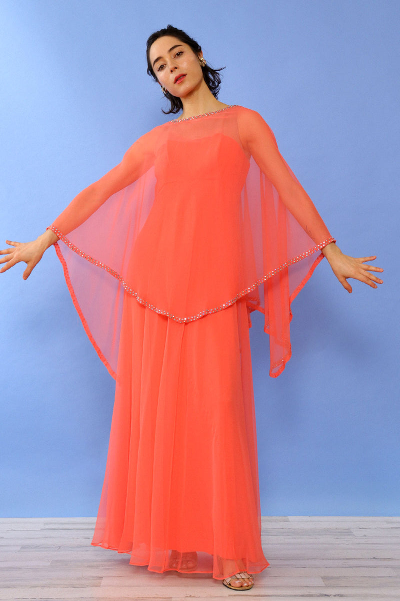 Shannon Rodgers Coral Rhinestone Chiffon Gown S
