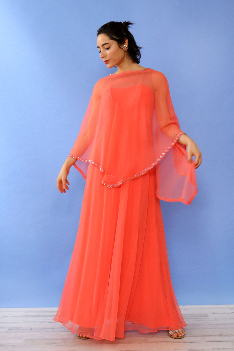 Shannon Rodgers Coral Rhinestone Chiffon Gown S