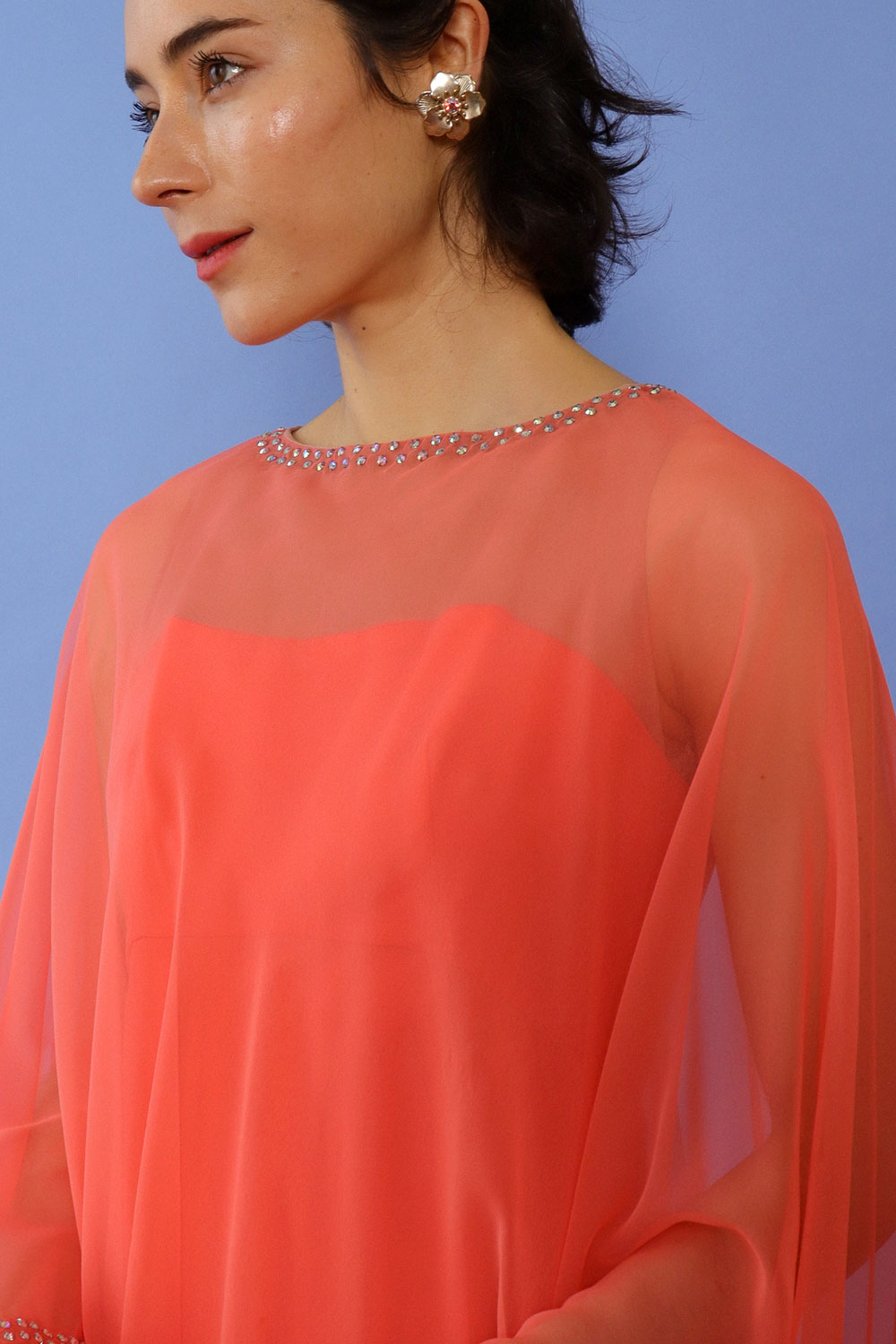 Shannon Rodgers Coral Rhinestone Chiffon Gown S