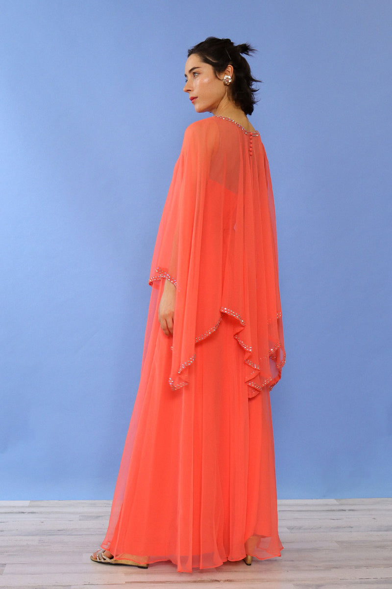 Shannon Rodgers Coral Rhinestone Chiffon Gown S