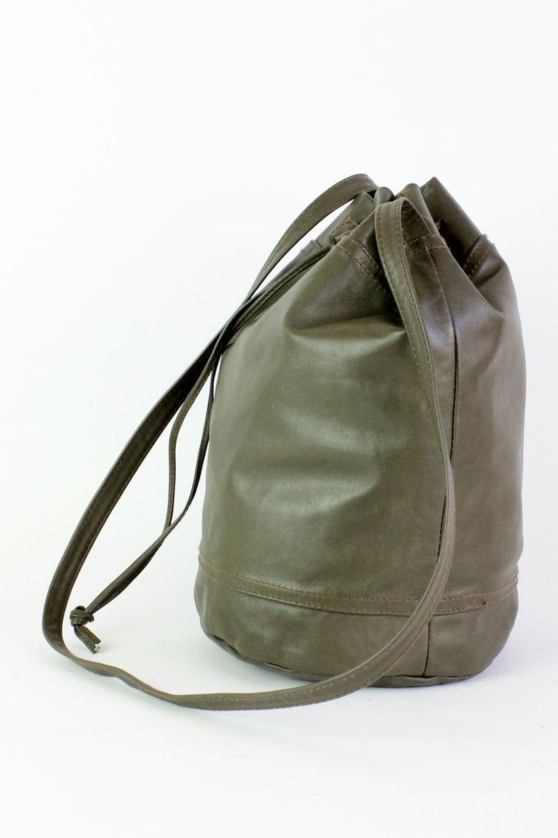 olive green leather bucket bag