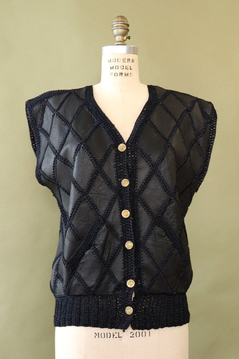 Jet Black Leather Crochet Top M/L