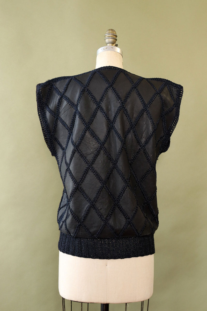 Jet Black Leather Crochet Top M/L