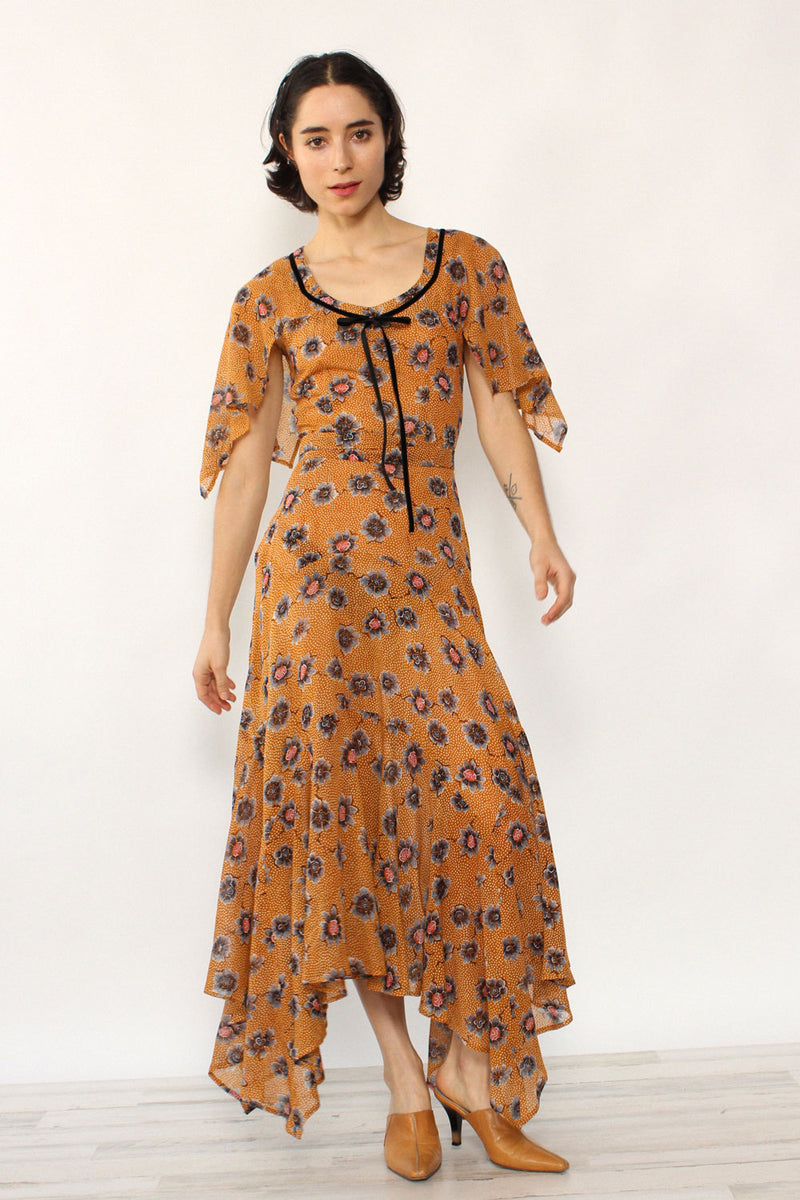 Nicole Miller 1970s Autumnal Floral Dress XS