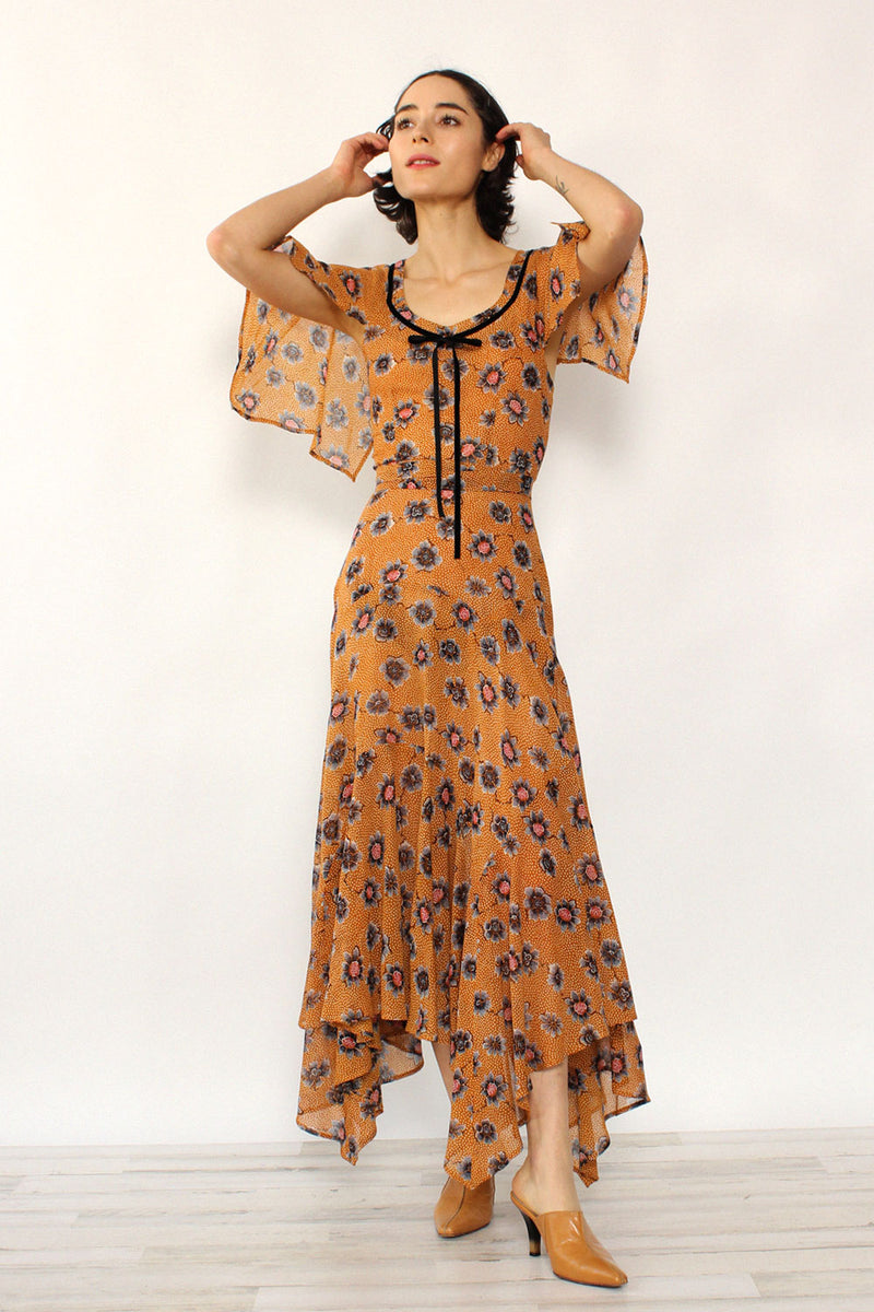 Nicole Miller 1970s Autumnal Floral Dress XS
