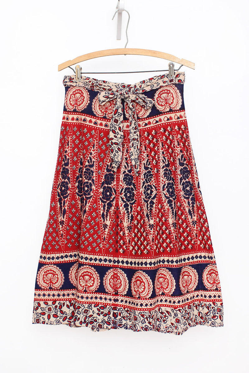 70s Block Print Lotus Wrap Skirt