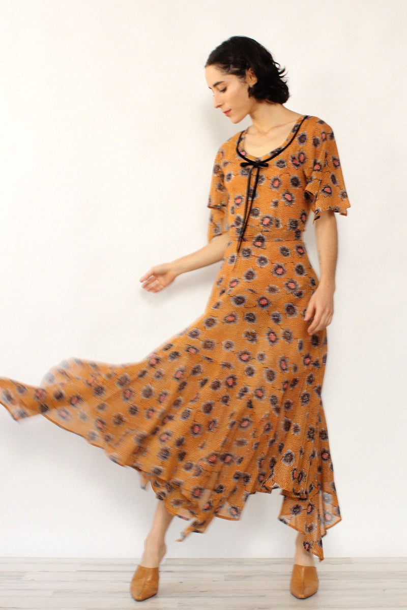 Nicole Miller 1970s Autumnal Floral Dress XS