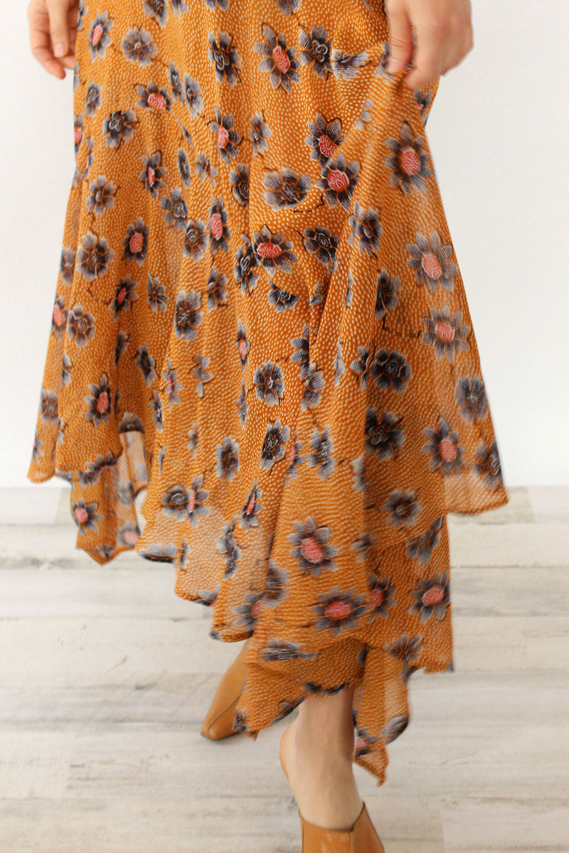 Nicole Miller 1970s Autumnal Floral Dress XS