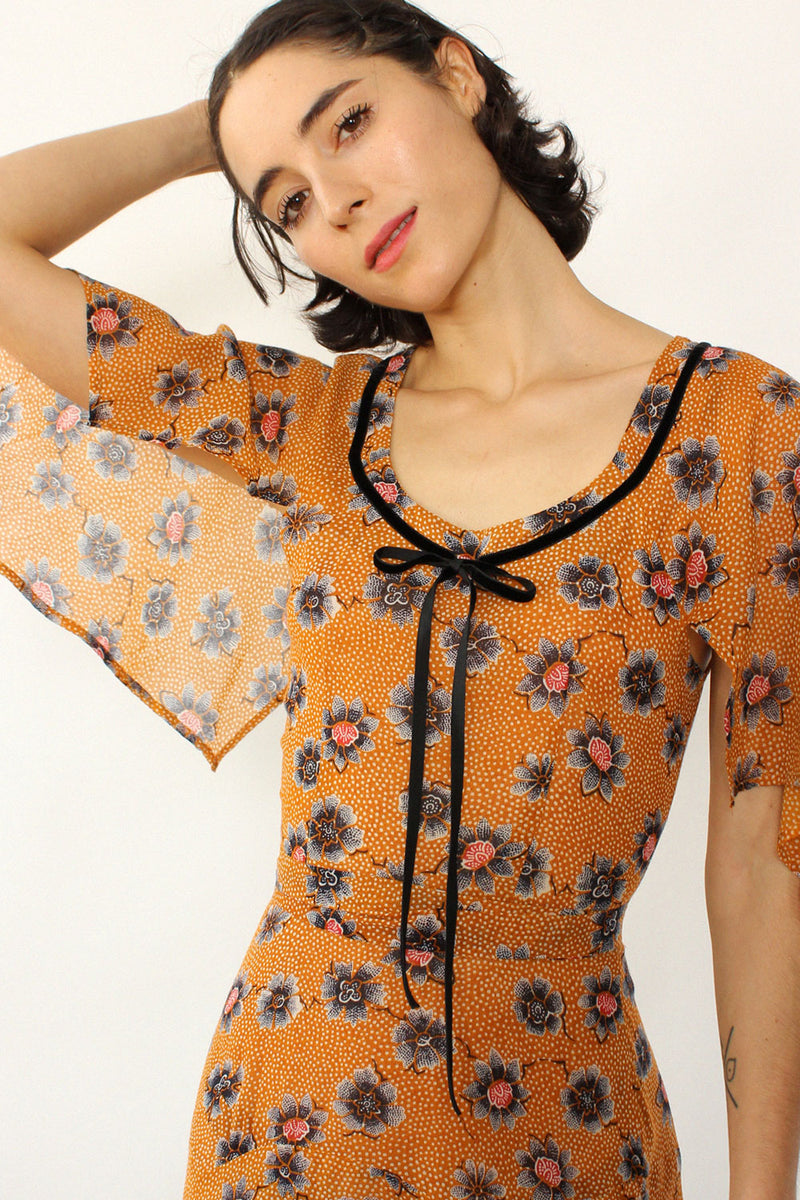 Nicole Miller 1970s Autumnal Floral Dress XS