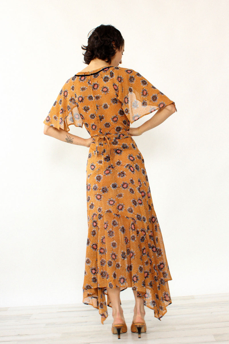 Nicole Miller 1970s Autumnal Floral Dress XS