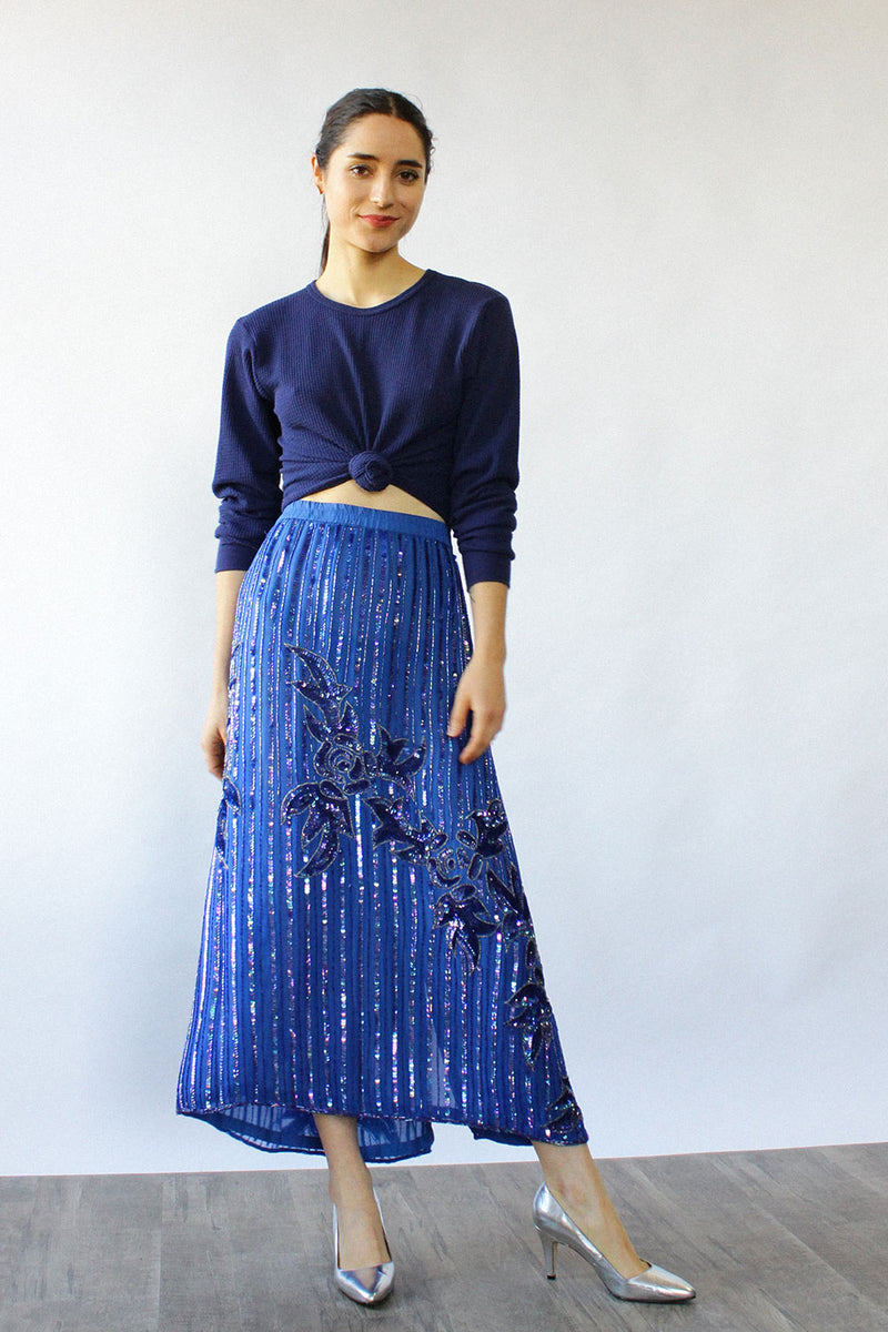 Blue Beaded Fluid Skirt