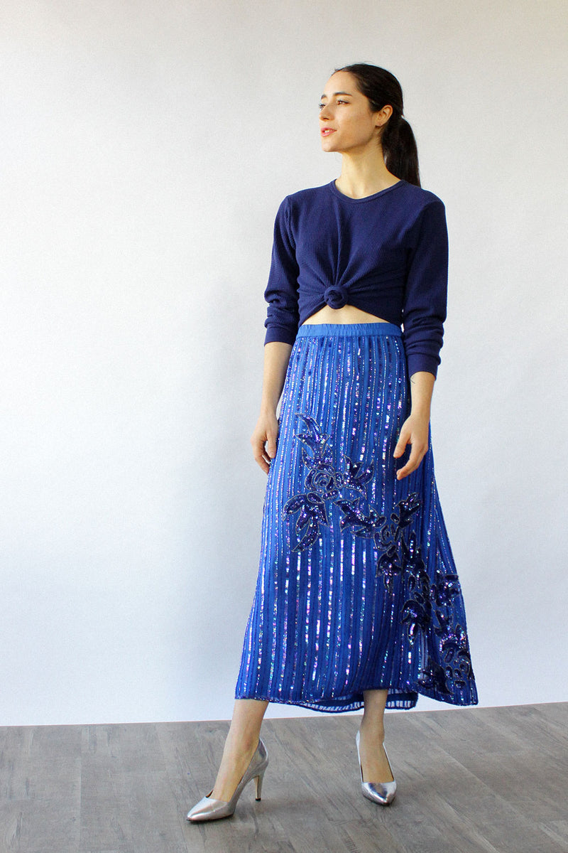 Blue Beaded Fluid Skirt