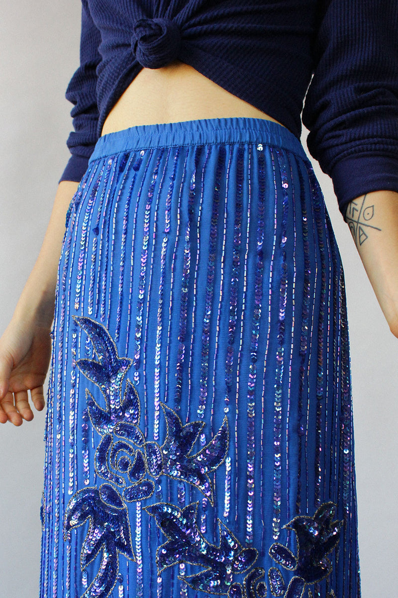 Blue Beaded Fluid Skirt