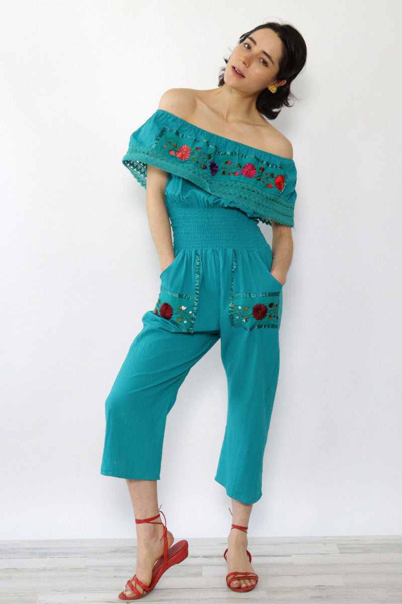 Teal Embroidered Ruffle Jumpsuit XS-M