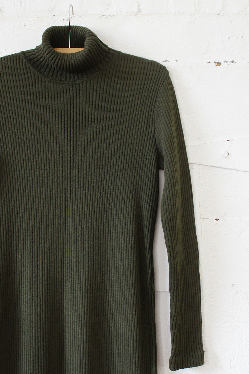 Olive Green Ribbed Sweater Dress M