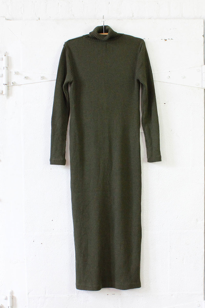 Olive Green Ribbed Sweater Dress M