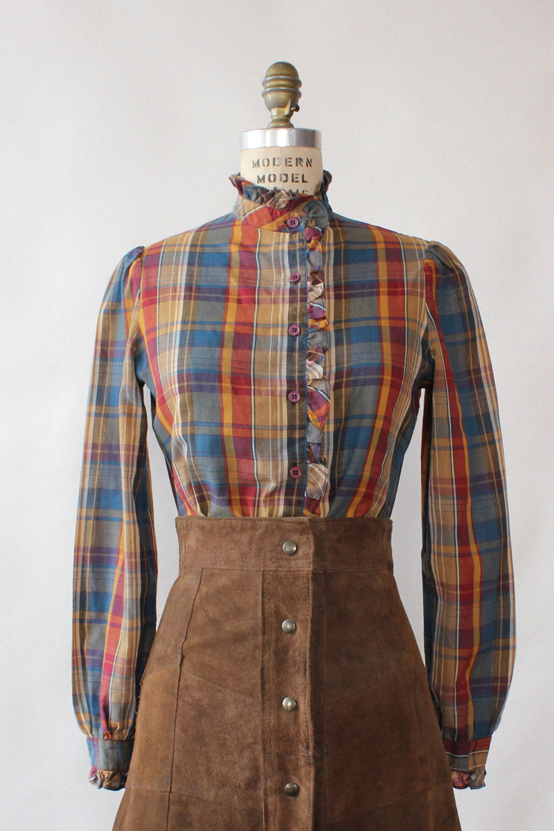 Berry Plaid Ruffle Blouse S