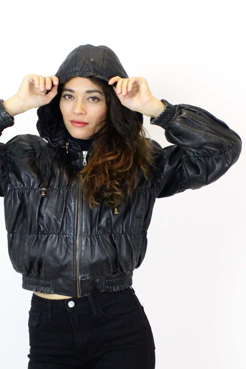 Ruched Leather Bomber Jacket M
