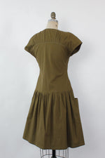 Olive Cotton Apron Pocket Dress S/M