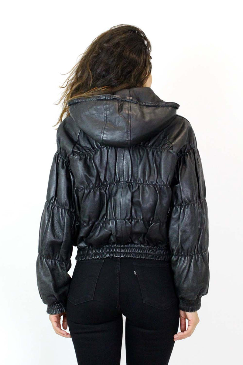 Ruched Leather Bomber Jacket M