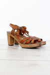 70s T-Strap Wood Leather Platform Sandals 8