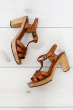 70s T-Strap Wood Leather Platform Sandals 8