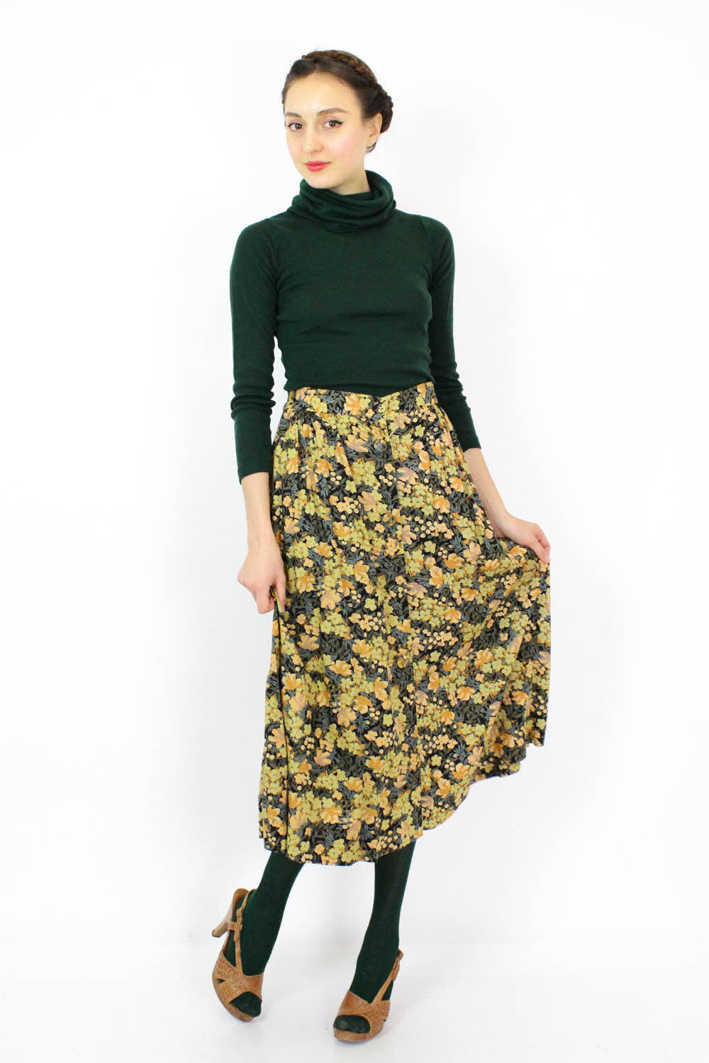 Golden Green Floral Skirt w/ Pockets M/L