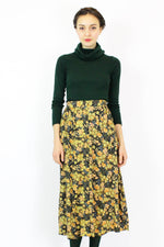 Golden Green Floral Skirt w/ Pockets M/L