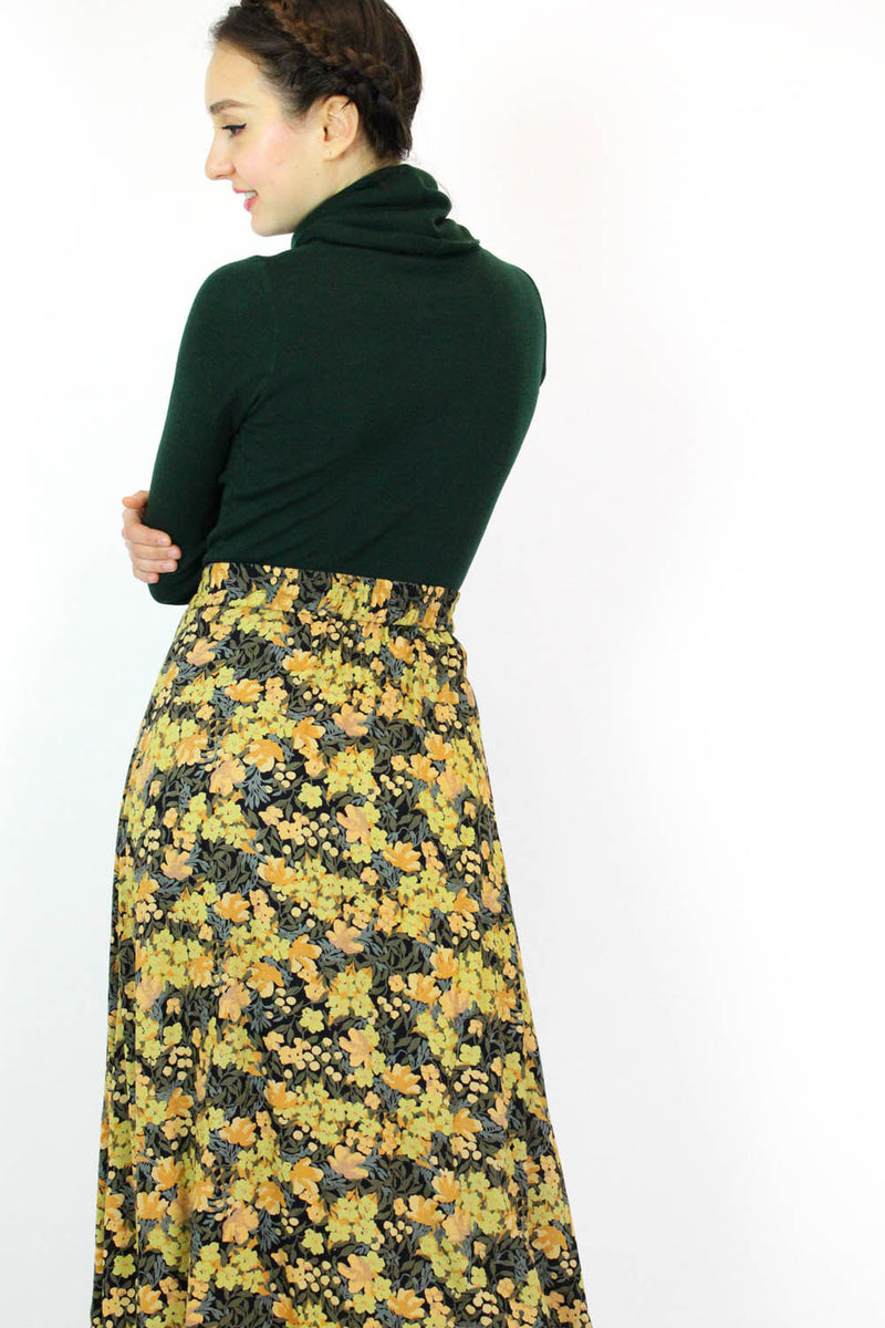 Golden Green Floral Skirt w/ Pockets M/L