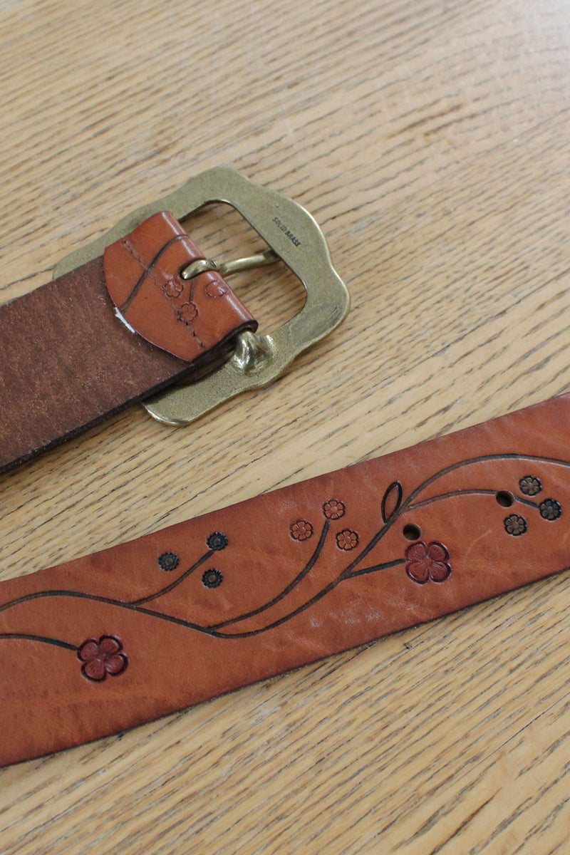 Floral Etched Leather Belt
