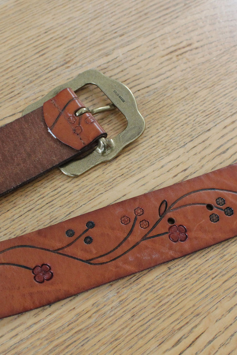 Floral Etched Leather Belt