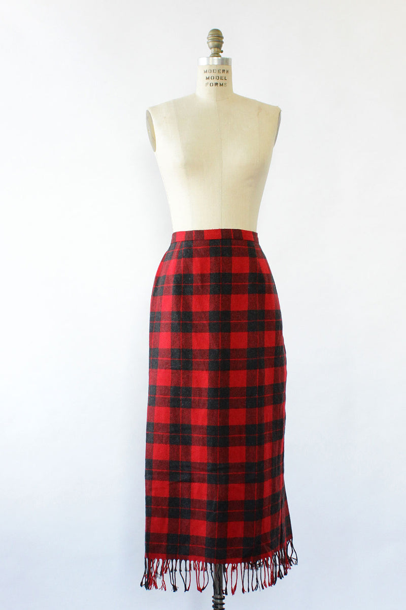 Buffalo Plaid Fringe Skirt M/L