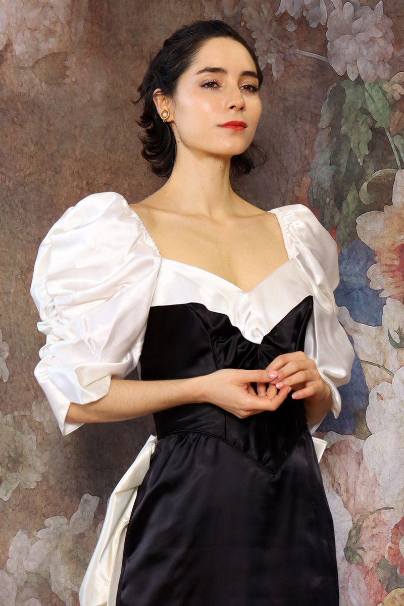 Black and White Satin Bow Dress S-S/M – OMNIA Black and White Satin Bow Dress S-S/M – OMNIA