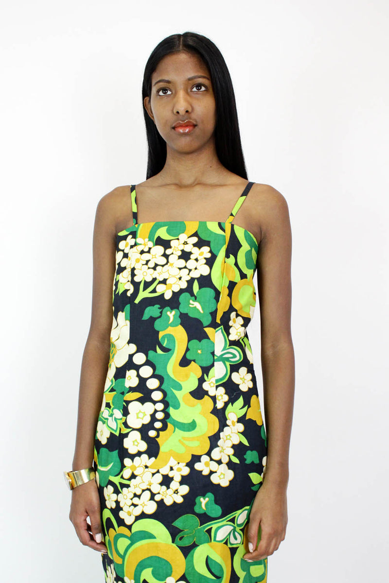 60s Tahiti Floral Maxi Dress S