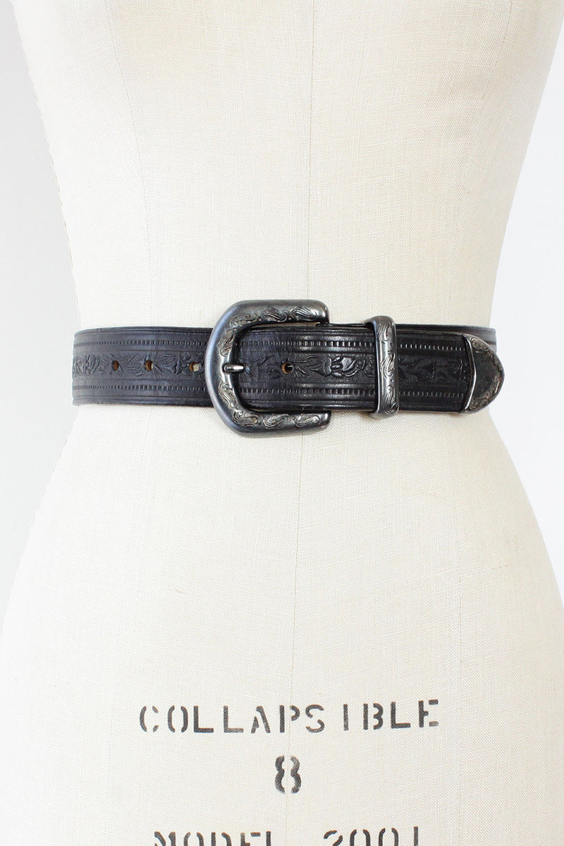 Black Tooled Leather Belt