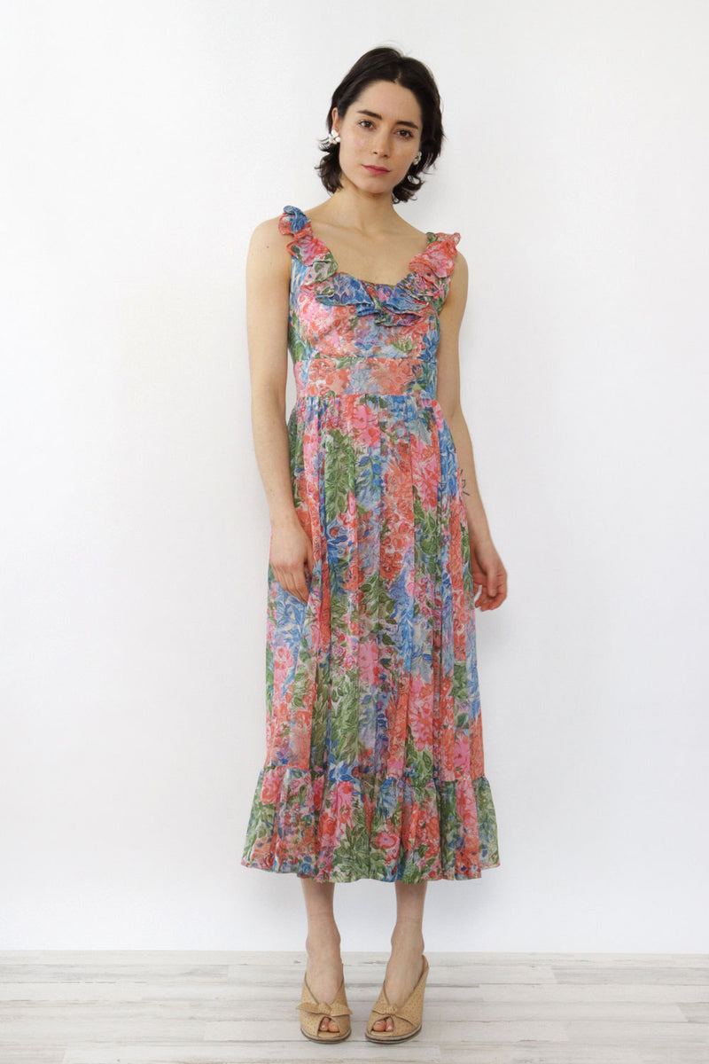 Sketchy Floral Sheer Ruffle Dress XS