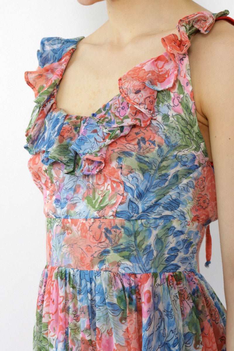 Sketchy Floral Sheer Ruffle Dress XS