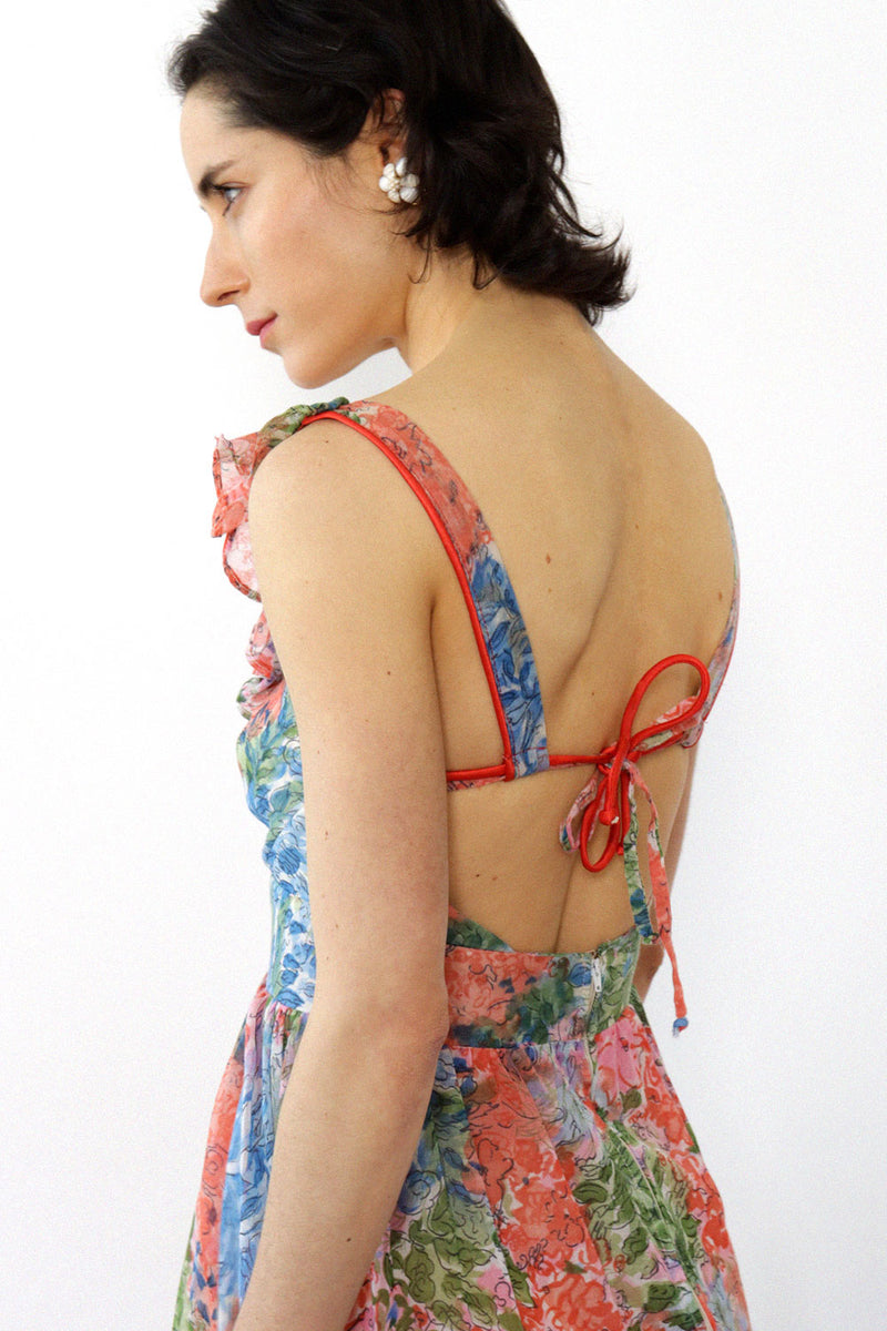 Sketchy Floral Sheer Ruffle Dress XS