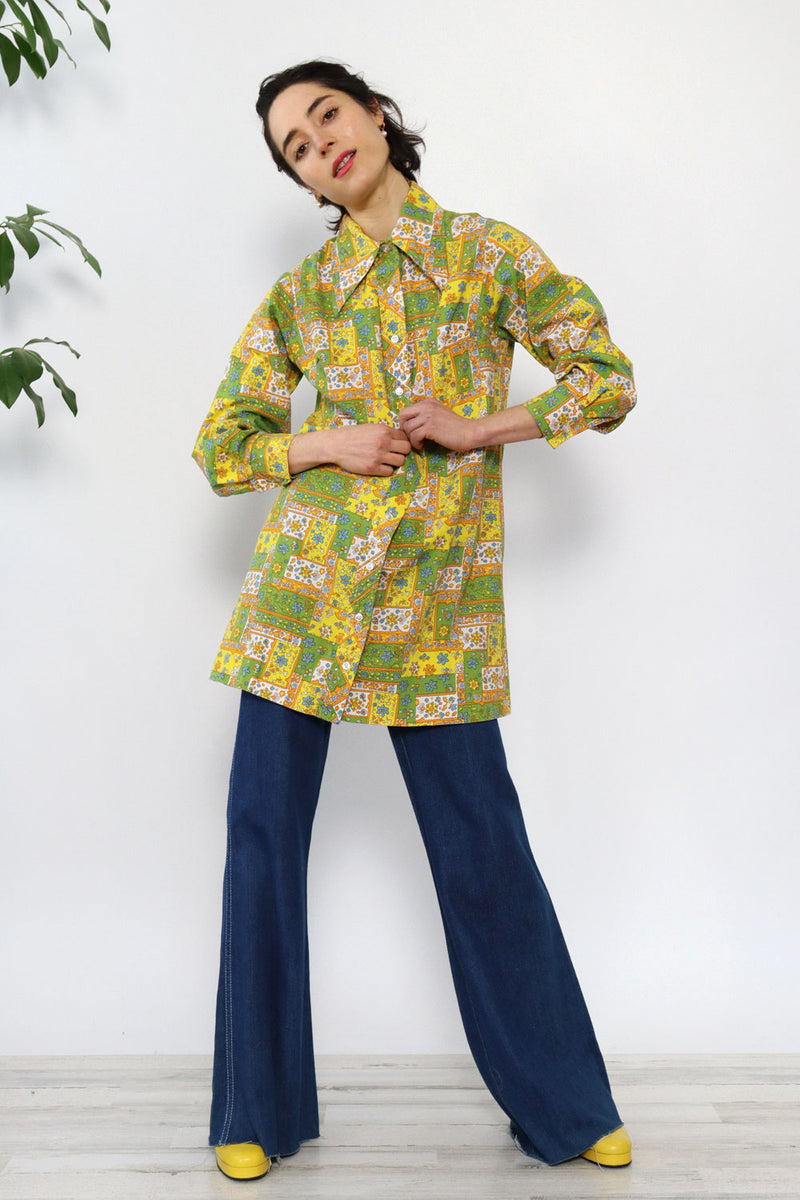 Patch Print Collared Mini Shirtdress M